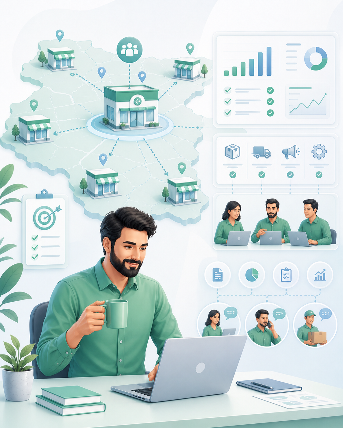 Ilustración editorial del módulo Ventas de platbi®